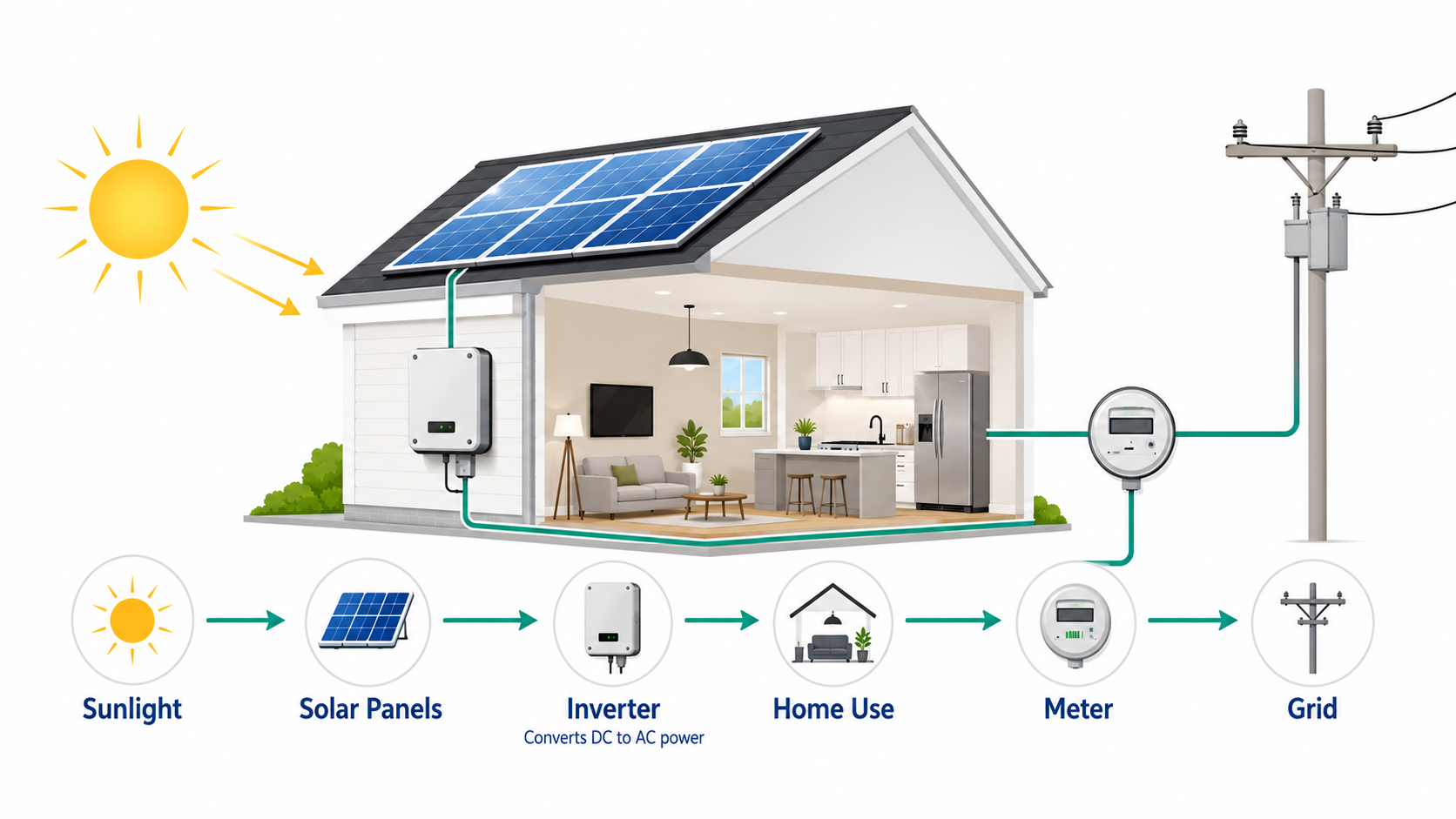 Solar energy flow showing sunlight moving through solar panels, an inverter, the home, an electric meter and the electric grid.