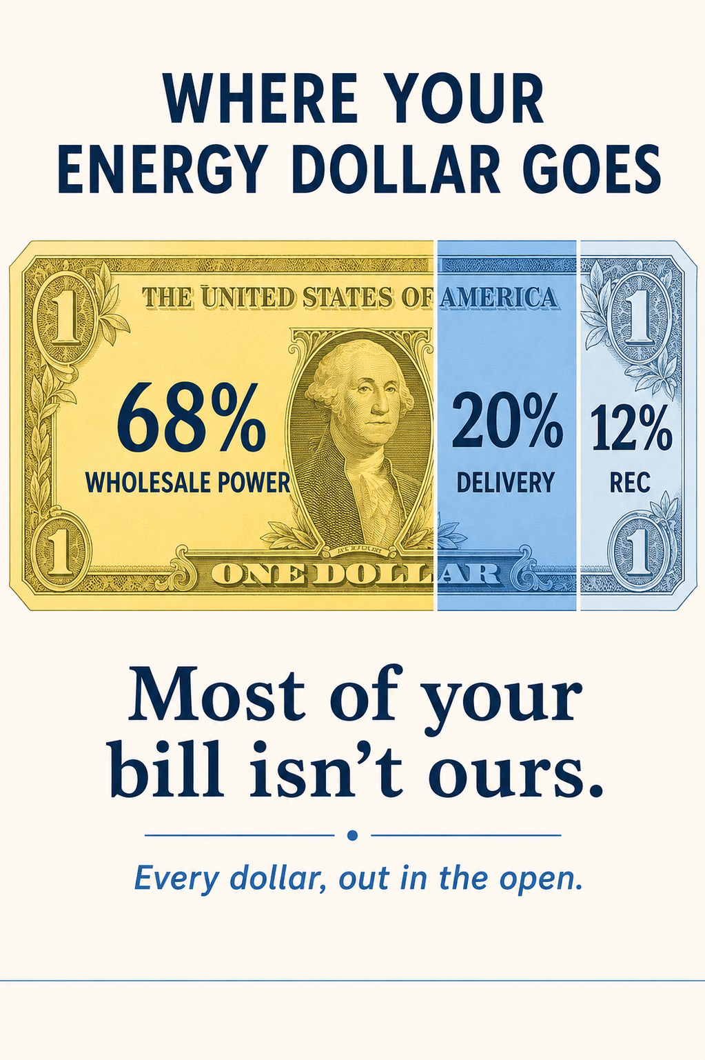 Where your energy dollar goes: 68% wholesale power, 20% delivery and 12% REC